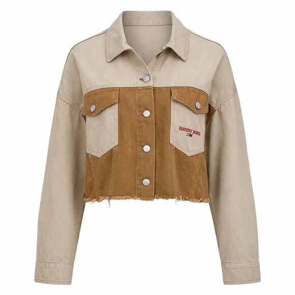 Tommy Hilfiger Jackets & Blazers - Tommy Jeans Two Tone Cropped Denim Jacket Tan Beige Retro 90s Inspired XL